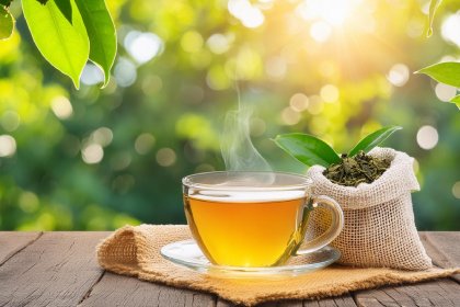 cup of green tea on a table along with green tea leaves