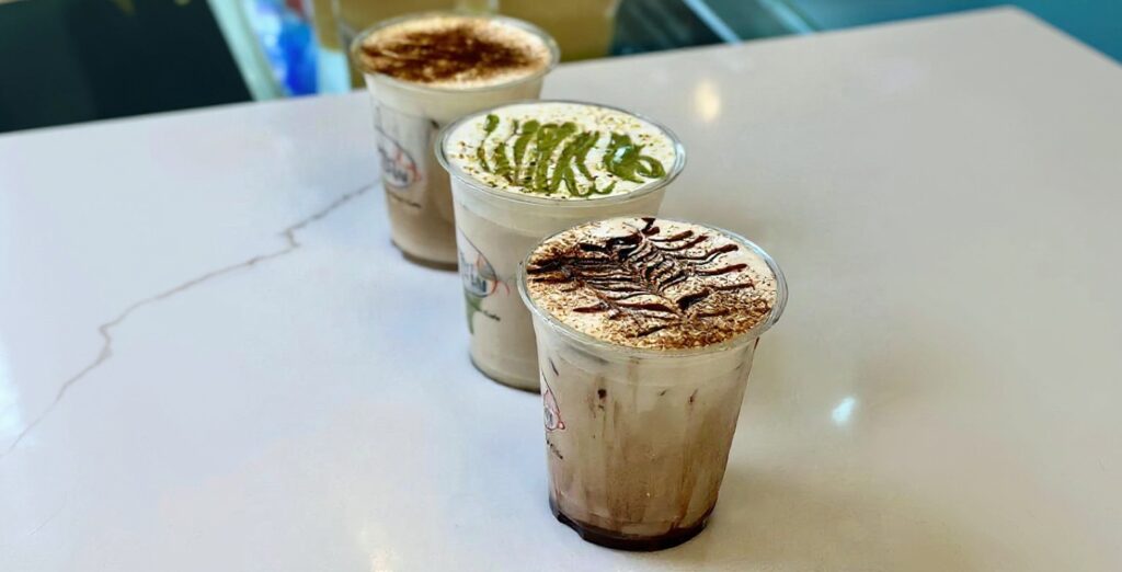 different cups of coffee on a table