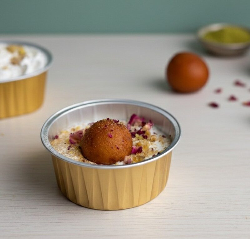 gulab jamun cheesecake on a table